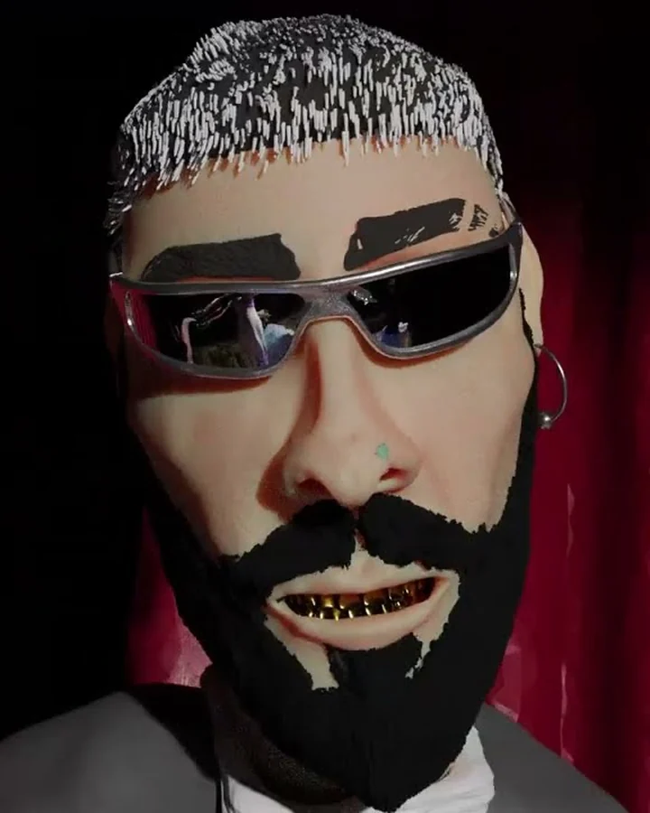 Still from the Afundar music video: a stylised 3D character with sunglasses and gold teeth in front of a red curtain