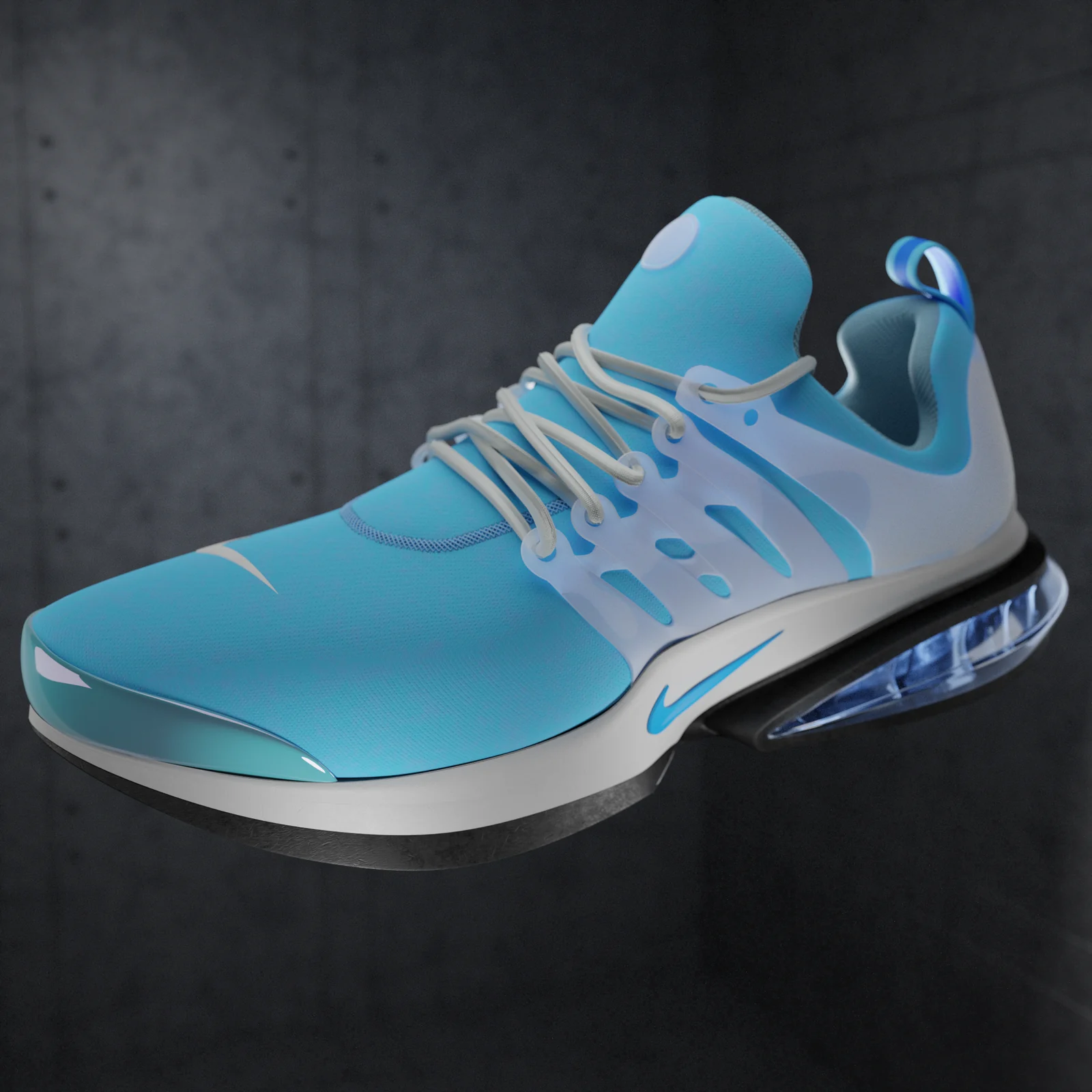 Sneaker render, three-quarter view floating in front of a concrete wall